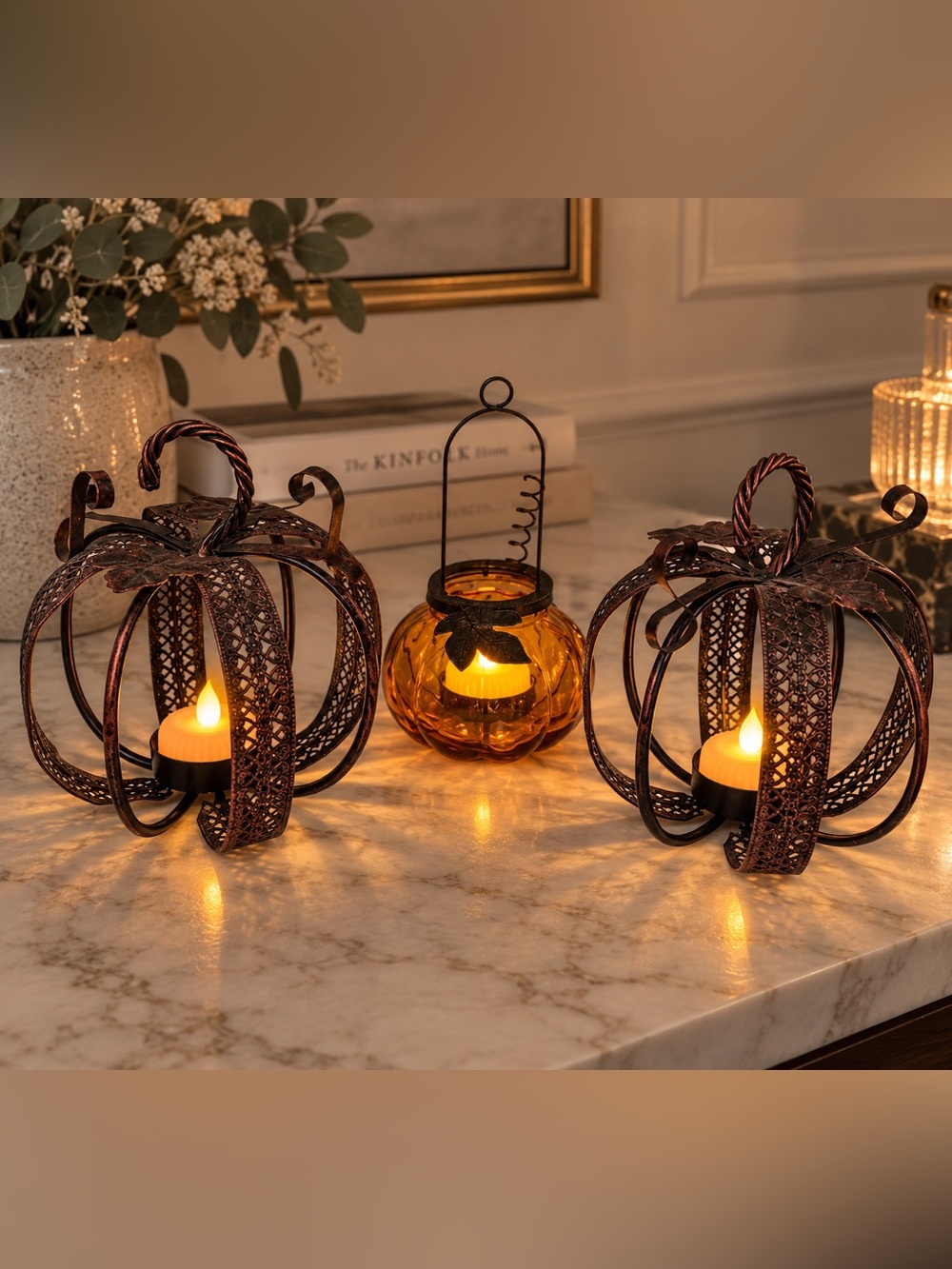 Amber Glass Pumpkin Lantern with Metal Handle - Home Accents